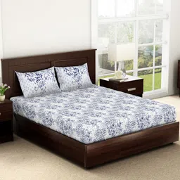 SPACES Evoke Blue Floral 144 TC King Bedsheet with 2 Pillow Covers-20