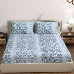 Florida Blue & White Floral Printed 300 TC Cotton King Bedsheet Set 2.28 m x 2.75 m-picture-3