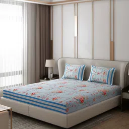 Monte Carlo Essence Blue & White Ethnic Motifs 130 TC King Bedsheet with 2 Pillow Covers-image-73