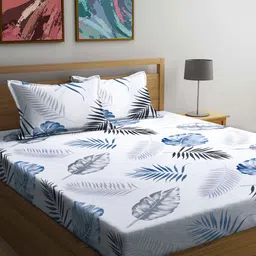 FABINALIV White & Blue Floral 300 TC King Bedsheet with 2 Pillow Covers-64