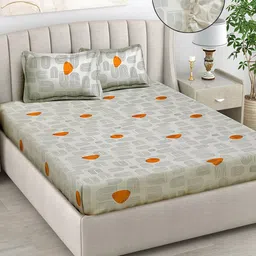 FABINALIV Beige & White Geometric 300 TC Fitted Super King Bedsheet with 2 Pillow Covers-12