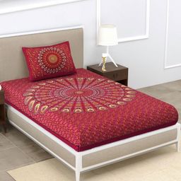 Aura Pink & Orange Floral 120 TC Single Bedsheet with 2 Pillow Covers-image-91