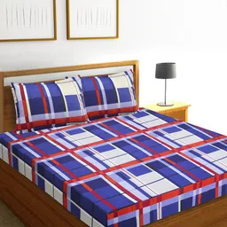 Aura Blue & Red Geometric 144 TC Queen Bedsheet with 2 Pillow Covers-image-34