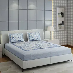 Monte Carlo Morocan Blue & White Ethnic Cotton 300 TC King Bedsheet with 2 Pillow Covers-image-79