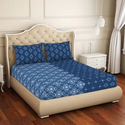 Welspun Blue Geometric Cotton 144 TC King Bedsheet with 2 Pillow Covers-image-46