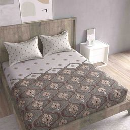 Spangle Beige & Grey Ethnic Motifs 260 TC King Bedsheet with 2 Pillow Covers-image-96