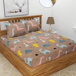 MORADO Brown & Blue Cartoon Characters 180 TC Queen Fitted Bedsheet with 2 Pillow Covers-image-83