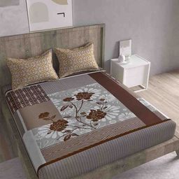 Spangle Brown & White Ethnic Motifs 280 TC Cotton King Bedsheet with 2 Pillow Covers-image-92