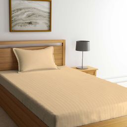 Arrabi Cream-Coloured Striped 300 TC Single Bedsheet with 1 Pillow Covers-47