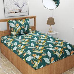 MORADO Green & Blue Floral 210 TC Single Fitted Bedsheet with 1 Pillow Covers-image-47