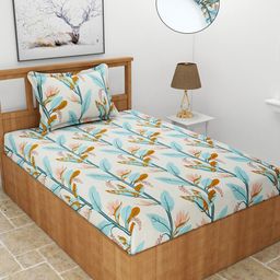 MORADO Green & Brown Floral 210 TC Single Fitted Bedsheet with 1 Pillow Covers-image-54