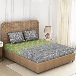 SPACES Green & Grey Ethnic Motifs 144 TC King Bedsheet with 2 Pillow Covers-image-19