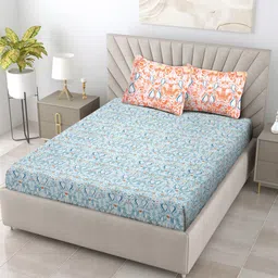 TARAN LIVING Sea Green & Orange 120 TC Cotton King Bedsheet With 2 Pillow Covers-16