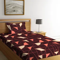 KLOTTHE Maroon & Peach-Coloured Geometric 300 TC Single Bedsheet with 1 Pillow Covers-13