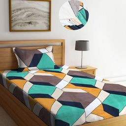 Arrabi Green & Brown Geometric 300 TC Single Bedsheet with 1 Pillow Covers-18
