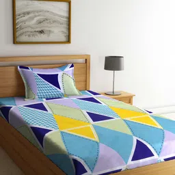 Arrabi Blue & Mustard Graphic 300 TC Single Bedsheet with 1 Pillow Covers-26