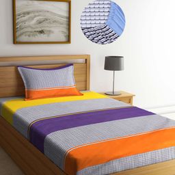 Arrabi Blue & Yellow Striped 300 TC Single Bedsheet with 1 Pillow Covers-20