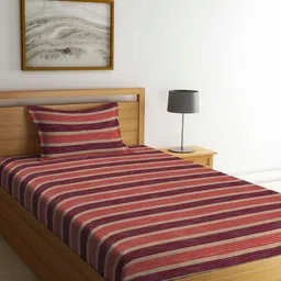 Arrabi Purple & Red Striped 300 TC Cotton Single Bedsheet with 1 Pillow Covers-picture-55