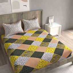 Spangle Yellow & Off White Floral 260 TC King Bedsheet with 2 Pillow Covers-18