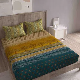 Spangle Mustard & Teal Ethnic Motifs 260 TC King Bedsheet with 2 Pillow Covers-image-4