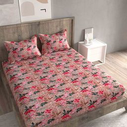 Spangle Pink & Green Floral 260 TC King Bedsheet with 2 Pillow Covers-image-71