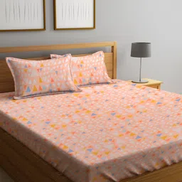 KLOTTHE Peach-Coloured & White Geometric 210 TC King Bedsheet with 2 Pillow Covers-6