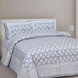 Lali Prints Grey & White Ethnic Motifs Cotton 180 TC King Bedsheet with 2 Pillow Covers-2