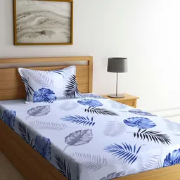 Arrabi White & Blue Floral 300 TC Single Bedsheet with 1 Pillow Covers-image-40