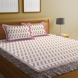 Rajasthan Decor White & Pink Ethnic Motifs 144 TC King Bedsheet with 2 Pillow Covers-image-65