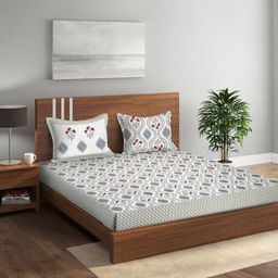 Rajasthan Decor White & Grey Floral 144 TC King Bedsheet with 2 Pillow Covers-image-43