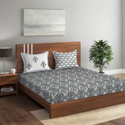 Rajasthan Decor White & Grey Floral 144 TC King Bedsheet with 2 Pillow Covers-image-89