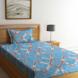 KLOTTHE Turquoise Blue & Brown Geometric 300 TC Single Bedsheet with 1 Pillow Cover-image-41