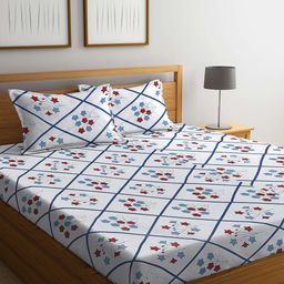 KLOTTHE Blue & Red Floral Printed 300TC Fitted Double King Bedsheet With 2 Pillow Covers-image-98