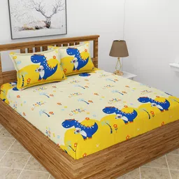 MORADO Yellow & Blue Cartoon Characters 180 TC Queen Bedsheet with 2 Pillow Covers-image-61