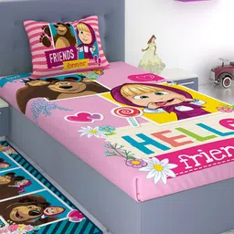 Athom Trendz Pink & Yellow Cartoon Characters 180 TC Single Bedsheet with 1 Pillow Covers-image-34