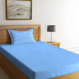 SOKNACK Blue Striped 300 TC Single Bedsheet with 1 Pillow Covers-image-52
