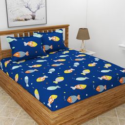 BREVARD Blue & Yellow Cartoon Characters 210 TC Queen Bedsheet with 2 Pillow Covers-image-54