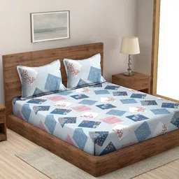 MODEFE Blue & Pink Floral Microfiber 144 TC Queen Bedsheet With 2 Pillow Covers-image-27