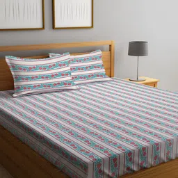 KLOTTHE Blue Pure Cotton 300 TC Striped Double Bedsheet with 2 Pillow covers-49