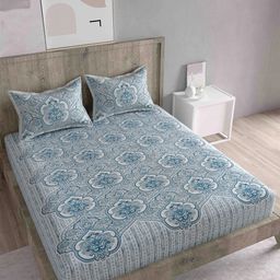 Spangle Blue & White Ethnic Motifs 260 TC Cotton King Bedsheet with 2 Pillow Covers-image-82