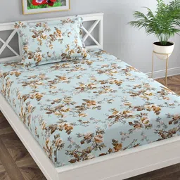 Florida Blue & Brown Floral 120 TC Single Bedsheet with 1 Pillow Covers-image-34