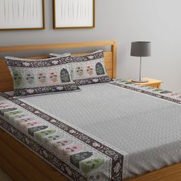 KLOTTHE Grey & White Ethnic Motifs 300 TC Cotton King Bedsheet with 2 Pillow Covers-image-40
