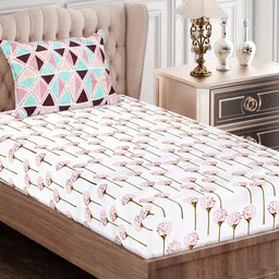 SEJ by Nisha Gupta Pink & Off White Floral 180 TC Single Bedsheet with 1 Pillow Covers-image-12