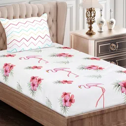 SEJ by Nisha Gupta Pink & Off White Floral 180 TC Single Bedsheet with 1 Pillow Covers-image-22