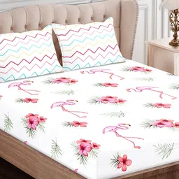 SEJ by Nisha Gupta Pink & Off White Floral 180 TC King Bedsheet with 2 Pillow Covers-image-34