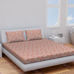 Himeya Grey & Rust Red Ethnic Motifs Cotton 120 TC Queen Bedsheet with 2 Pillow Covers-4