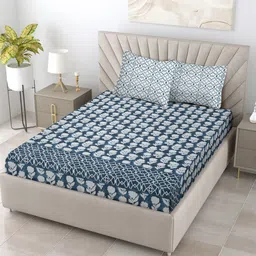TARAN LIVING Navy Blue & White Floral 120 TC Cotton King Bedsheet With 2 Pillow Covers-23
