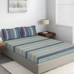 DDecor Teal Blue & Beige Geometric 144 TC Cotton 1 Extra Large Bedsheet with 2 Pillow Covers-image-82