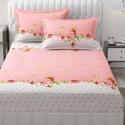 Supreme Home Collective Peach Floral Microfiber 144 TC Queen Bedsheet & 2 Pillow Covers-43