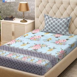 KLOTTHE Blue & Pink Floral Printed 300TC Single Bedsheet & Pillow Cover-image-57